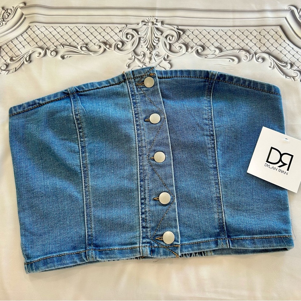 Dylan Ryan Denim Sleeveless Top, Front Button, Elastic Back, Sz Large, NEW